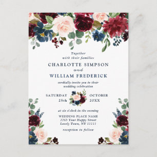 Cartão Postal Burgundy Marinho Blush Floral Casamentos