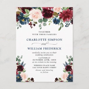 Cartão Postal Burgundy Marinho Blush Floral Casamentos