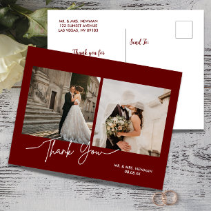 Cartão Postal Burgundy Moderno Script Foto Casamento Obrigado