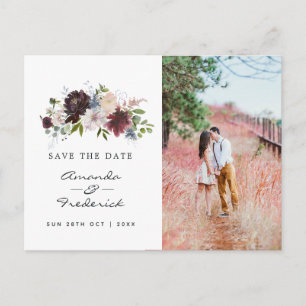Cartão Postal Burgundy Navy e Blush Pink Casamento Save the Date