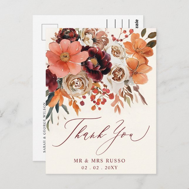 Cartão Postal Burgundy Orange Floral Casamento outono Obrigado (Frente/Verso)