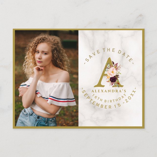 Cartão Postal Burgundy Pink Foto Floral Aniversário Salvar Data (Frente)