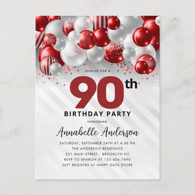 Cartão Postal Burgundy Red Silver Balloon Glitter 90 Birthday (Frente)