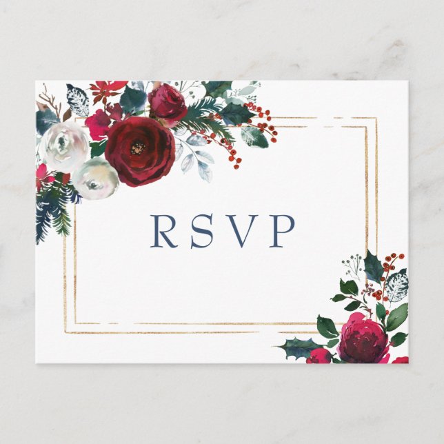Cartão Postal Burgundy Winter Rosas Greenery Wedding RSVP (Frente)