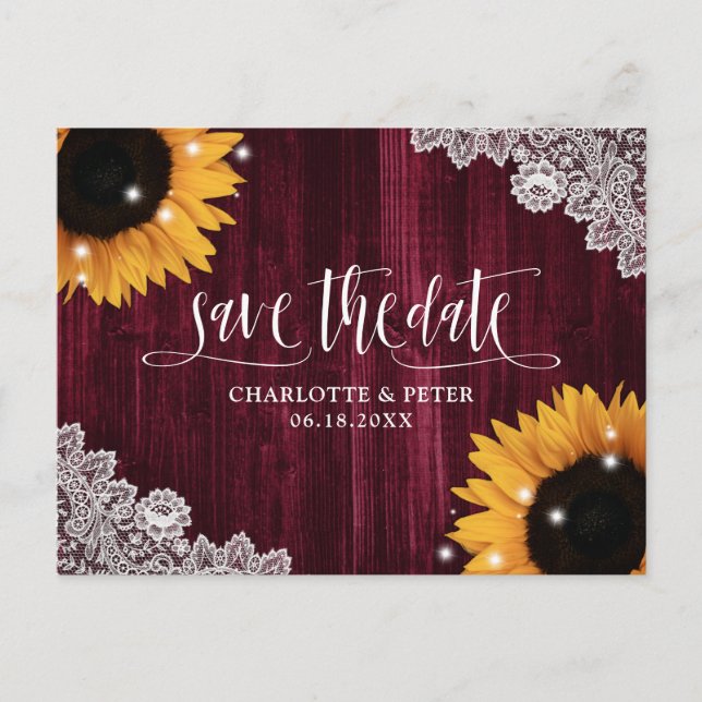 Cartão Postal Burgundy Wood Sunflower Casamento Salvar Data (Frente)