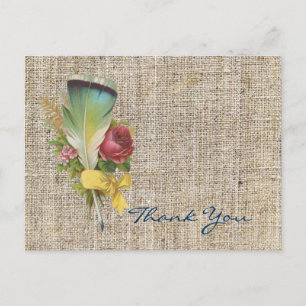 Cartão Postal burlap boho feather flor bohemian obrigado você