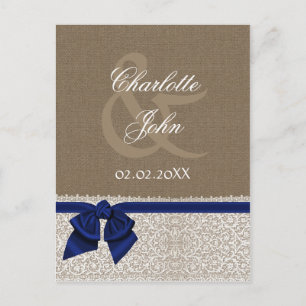 Cartão Postal Burlap FAUX, azul marinho e rendas brancas Obrigad