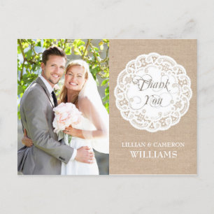 Cartão Postal Burlap Lace Doily Wedding Obrigado Cartão-postal
