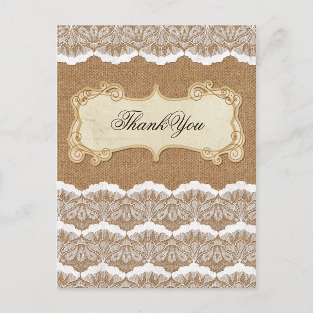 Cartão Postal Burlap Rustic Chic e casamento com o Lace Country (Frente)