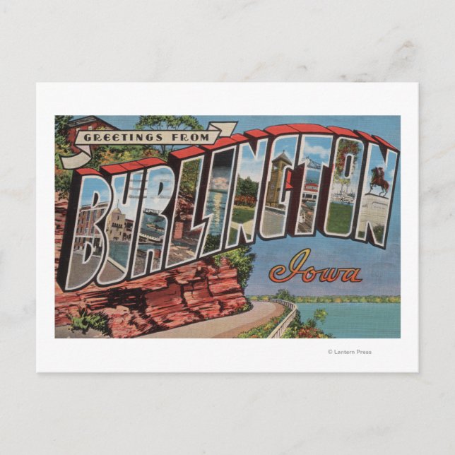 Cartão Postal Burlington, Iowa - Cenas com Letras Grandes (Frente)