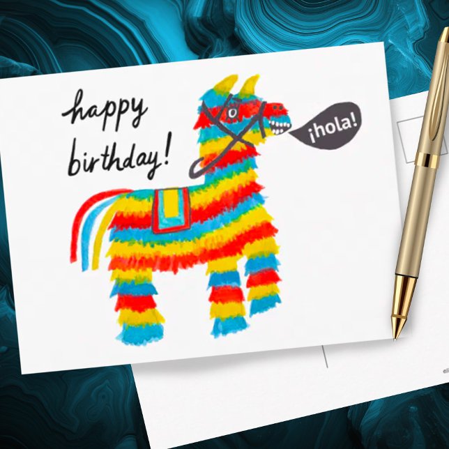 Cartão Postal Burro de Pintura Colorida Piñata FELIZ ANIVERSÁRIO (Cute colorful watercolor donkey pinata happy birthday postcard)