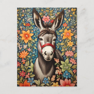 Cartão Postal Burro Fofo em Fundo Floral Colorido