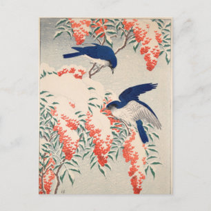 Cartão Postal Bush e Fly Catchers na Neve por Ohara Koson