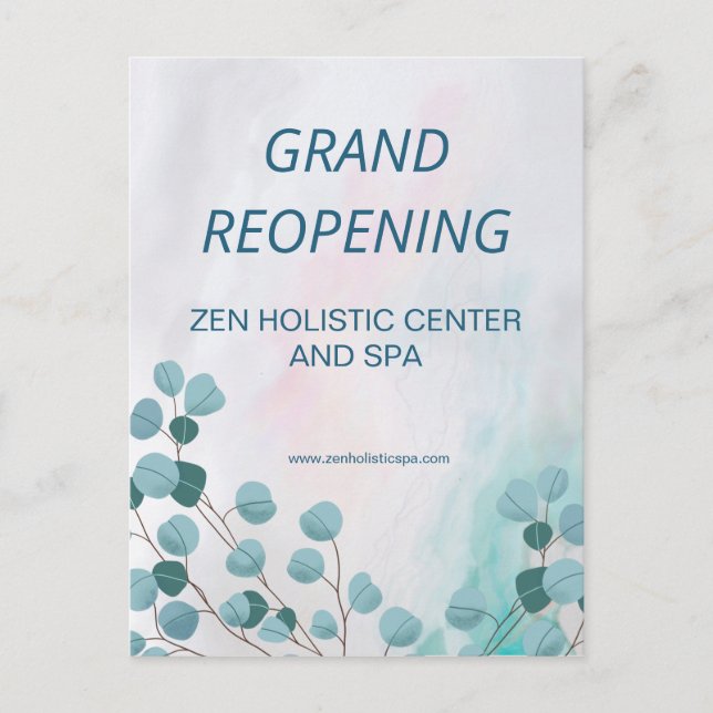 Cartão Postal Business Spa Salon Abrindo Teal Eucalyptus (Frente)