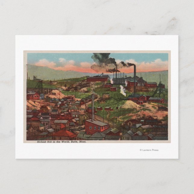 Cartão Postal Butte, MT - Vista de Fábricas e Casas na Colina (Frente)