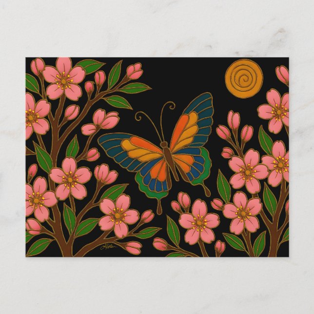 Cartão Postal Butterfly Cherry Blossom Moon (Frente)