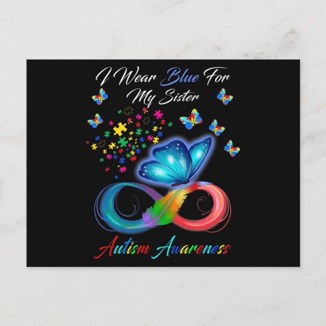 Cartão Postal Butterfly I Wear Blue For My Sister Autism Awarene (Frente)