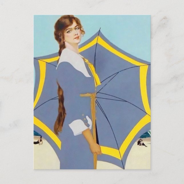 Cartão Postal C Coles Phillips "Beach Umbrella" Fadeaway Girl (Frente)