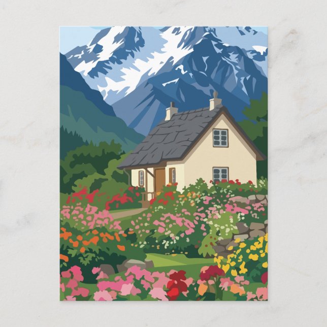 Cartão Postal Cabana Alpina Pitoresca com Jardim de Flores Vibra (Frente)