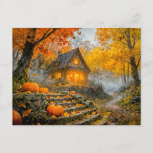 Cartão Postal Cabana da Floresta de Halloween com Abóboras, Cami