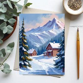 Cartão Postal Cabana de Esqui Paisagem Montanhosa Aquarela Inver