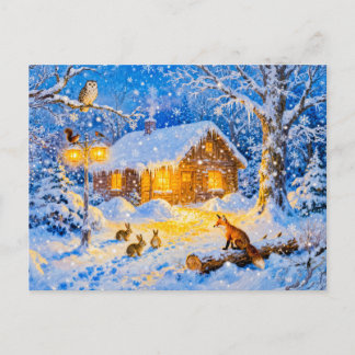 Cartão Postal Cabana de Floresta de Inverno com Animais da Flore