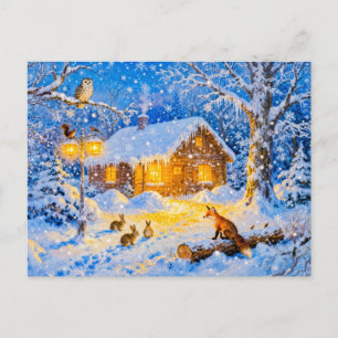 Cartão Postal Cabana de Floresta de Inverno com Animais Silvestr