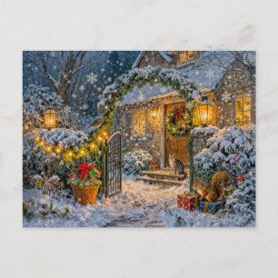 Cartão Postal Cabana de Inverno com Esquilo, Gato e Pintarroxo A