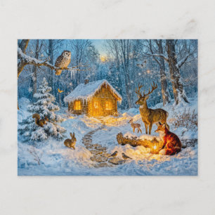 Cartão Postal Cabana de Inverno na Floresta com Veado, Raposa e