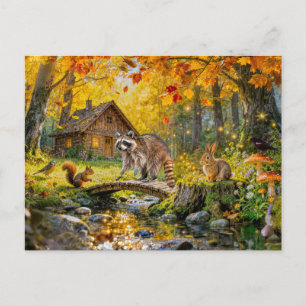 Cartão Postal Cabana de Outono na Floresta com animais da flores