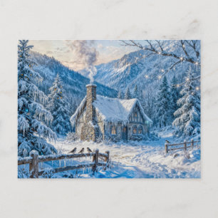 Cartão Postal Cabana na Montanha Nevada com Fumaça e Pinheiros P