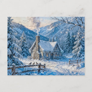 Cartão Postal Cabana na Montanha Nevada com Fumaça e Pinheiros P