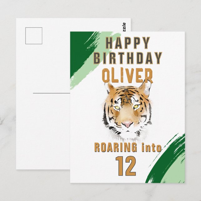 Cartão Postal Cabeça de Tigre Selvagem Aquarela Aniversário  (Frente/Verso)