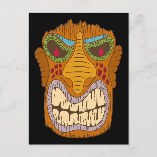 Cartão Postal Cabeça Louca de Tiki com Chamas nos Olhos, Preto (Frente)
