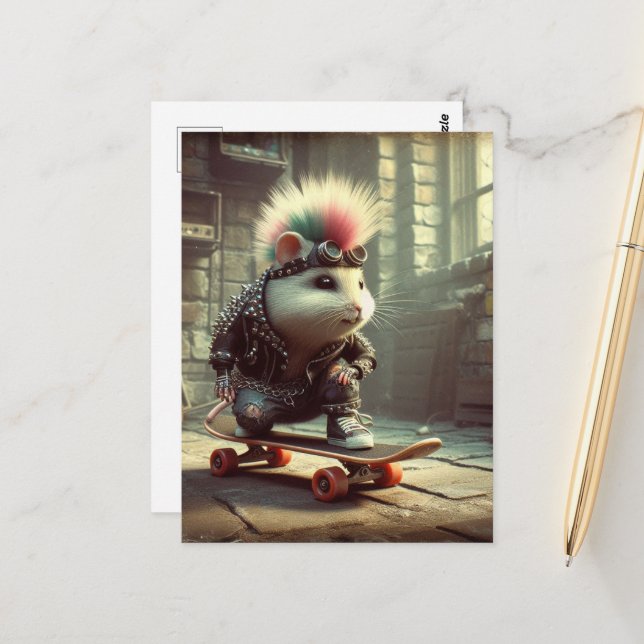 Cartão Postal Cabelo Azul Rosa Punk Rock Skateboard Hamster (Frente/Verso In Situ)