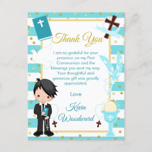 Cartão Postal Cabelo Preto Azul Menino Primeira Comunhão Obrigad