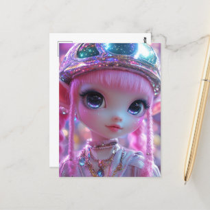 Cartão Postal Cabelo Rosa Bonito Grande Gal de Olhos Grandes