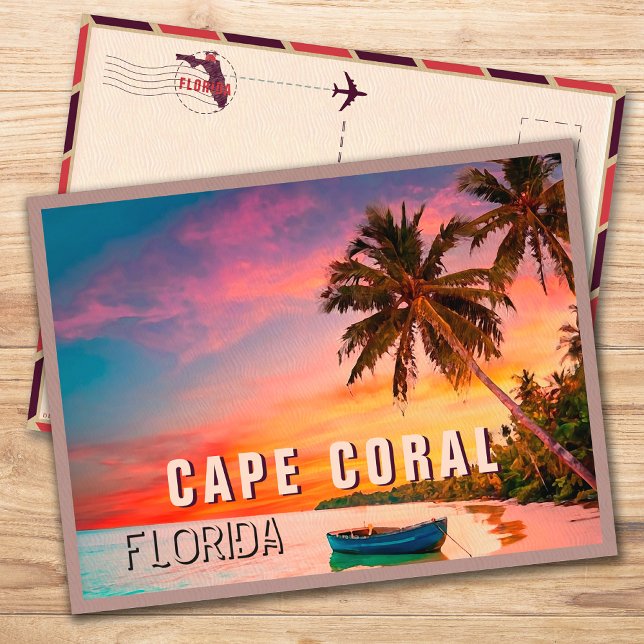Cartão Postal Cabo Coral Florida Tropical Palm Tree Sunset 1950 (Criador carregado)