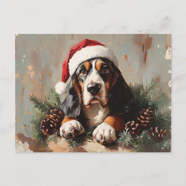 Cartão Postal Caça-Basset numa Pintura a Óleo de Santa Hat (Frente)