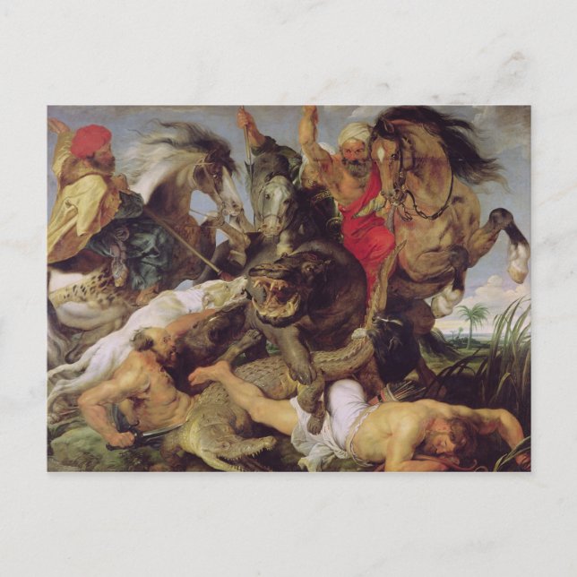 Cartão Postal Caça do Hippopotamus e do crocodilo, c.1615-16 (Frente)