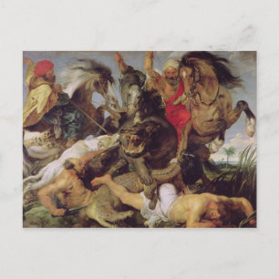 Cartão Postal Caça do Hippopotamus e do crocodilo, c.1615-16