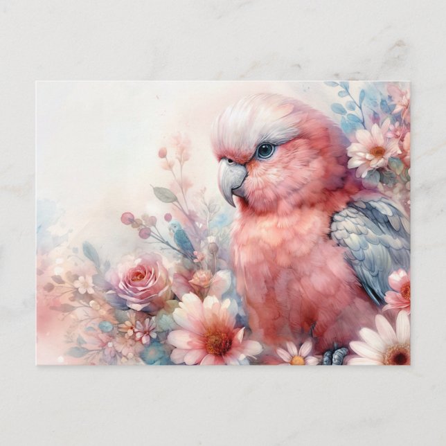 Cartão Postal Cacatua Galah Rosa Aquarela Floral (Frente)