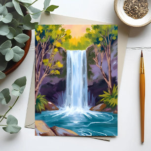 Cartão Postal Cachoeira Azul   Pintura da Natureza Paisagem Flor