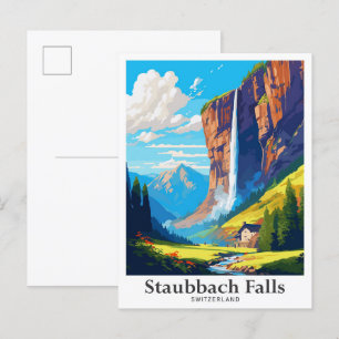 Cartão Postal Cachoeira Staubbach Ilustração de Viagem Suíça