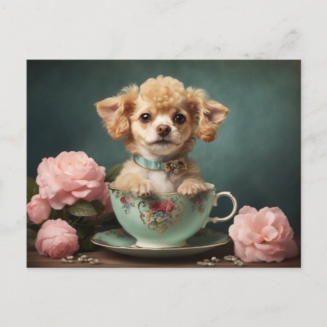 Cartão Postal Cachorrinho Poodle Fofa Antiga Xícara Rosa Retrato (Frente)
