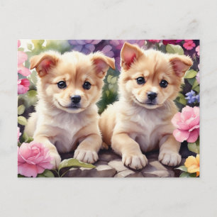 Cartão Postal Cachorrinhos mais fofos no jardim de flores aquare