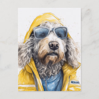 Cartão Postal Cachorro Adorável numa capa de chuva amarela