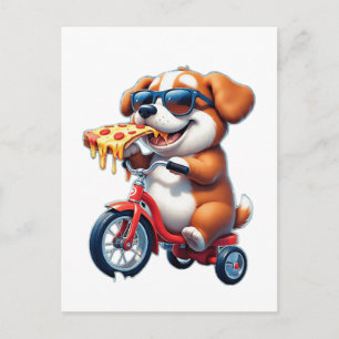 Cartão Postal cachorro andando de bicicleta comendo pizza