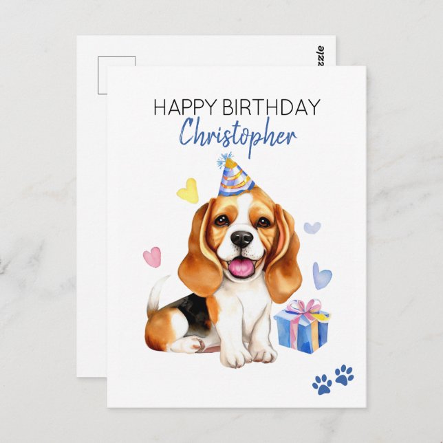 Cartão Postal Cachorro Beagle Personalizado Feliz Aniversário  (Frente/Verso)