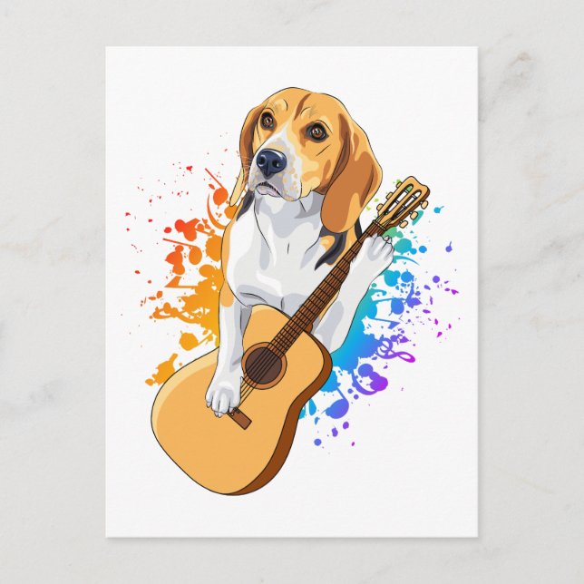 Cartão Postal Cachorro Beagle Tocando Violão Acústico (Frente)